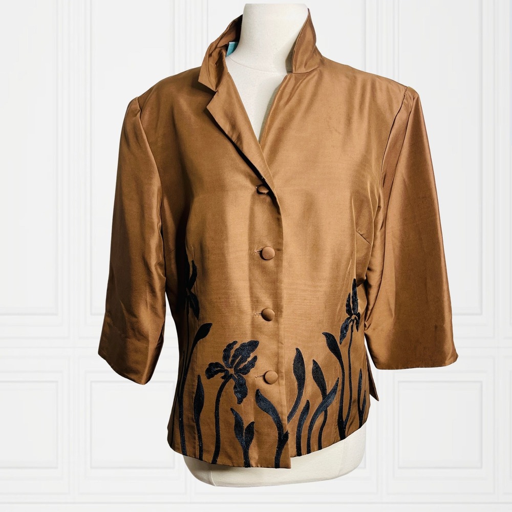 Adrianna‎ Papell Silk Blazer Bronze Floral Embroidered Jacket Brown Size 14